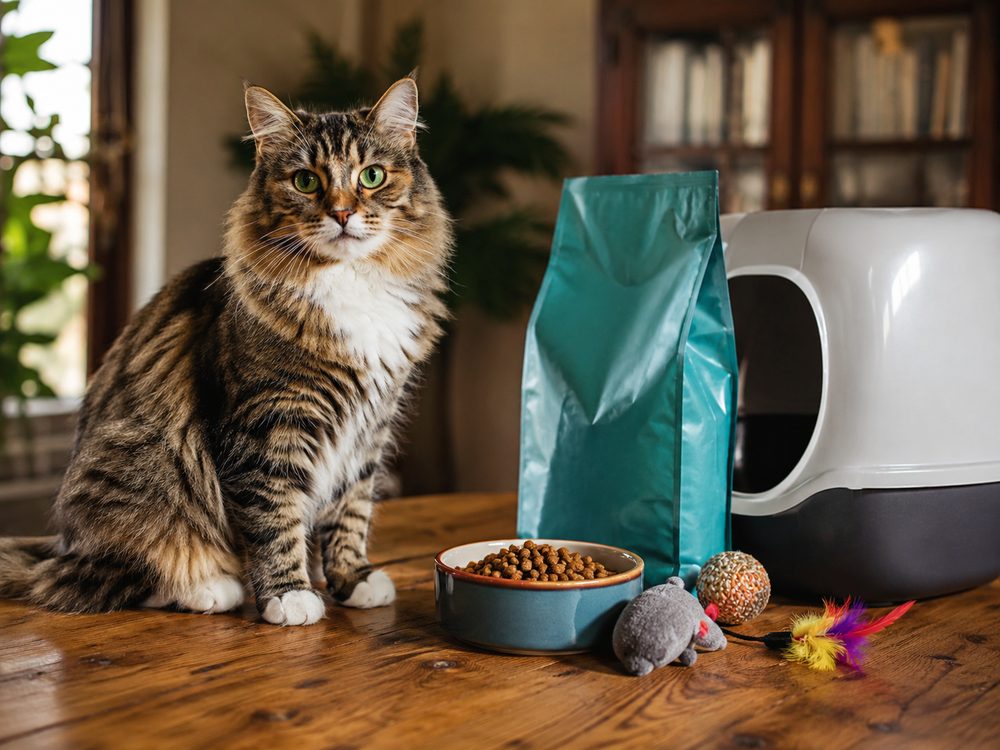 Gato junto a comederos y accesorios básicos
