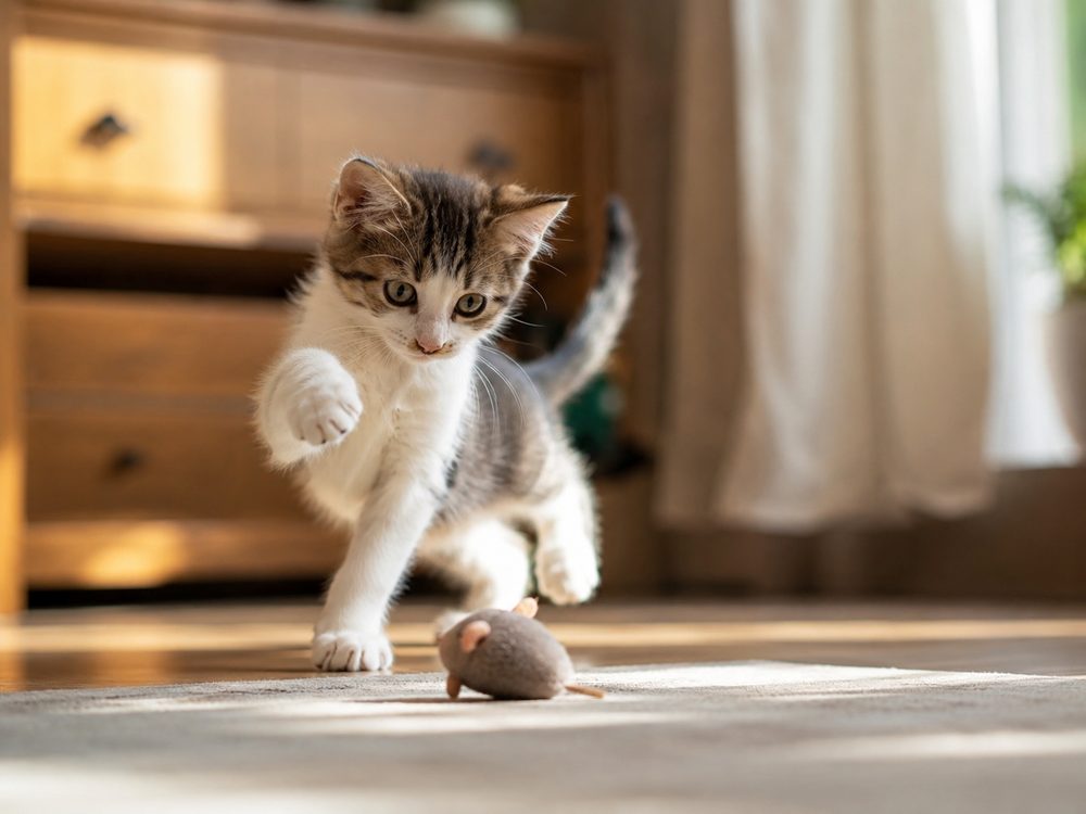 Gatito jugando en casa con un juguete