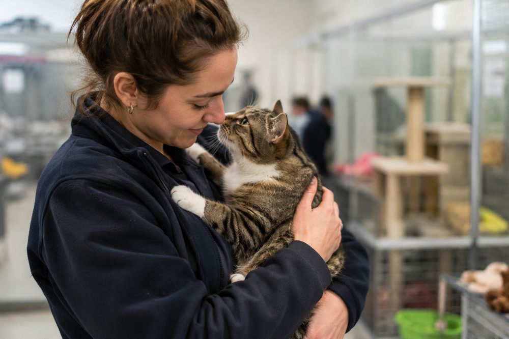 Persona sosteniendo con cariño a un gato adoptado en una protectora
