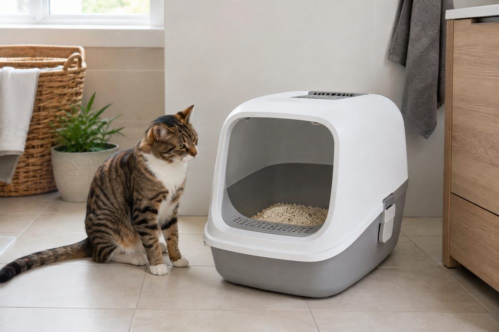 Gato junto a un arenero cerrado en el baño