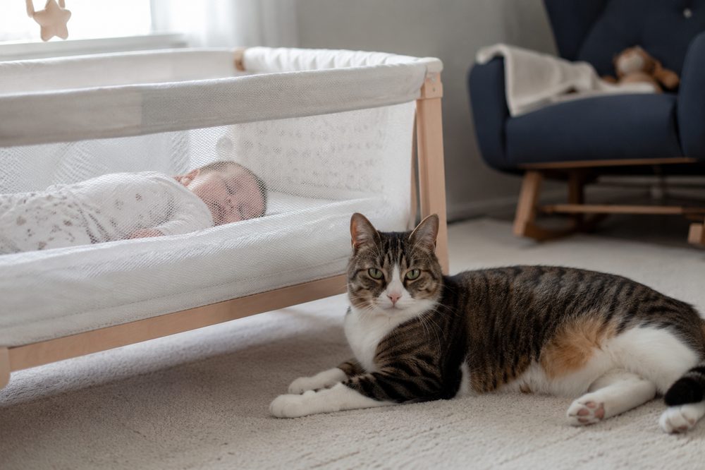Gato tranquilo cerca de la habitación del bebé