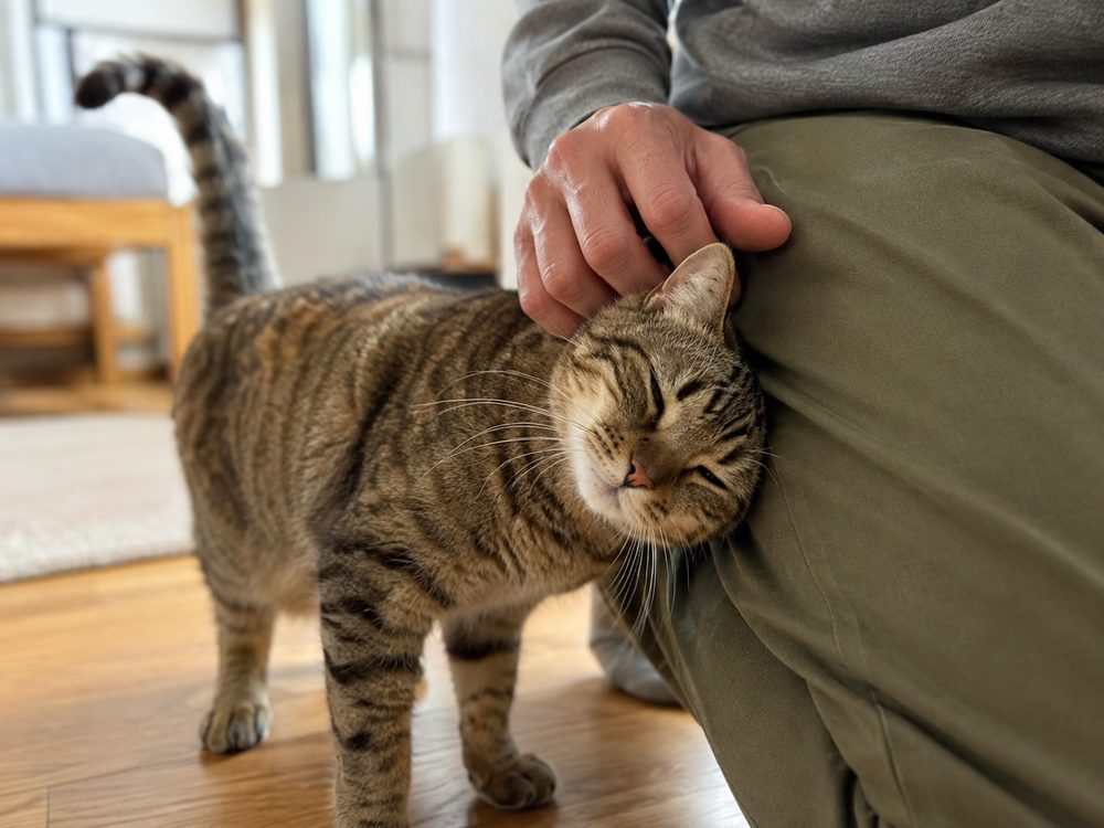 Gato mostrando cariño, acurrucado cerca de su dueño