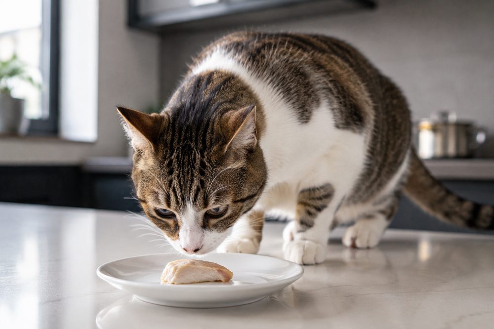 Gato oliendo con curiosidad comida sobre una mesa