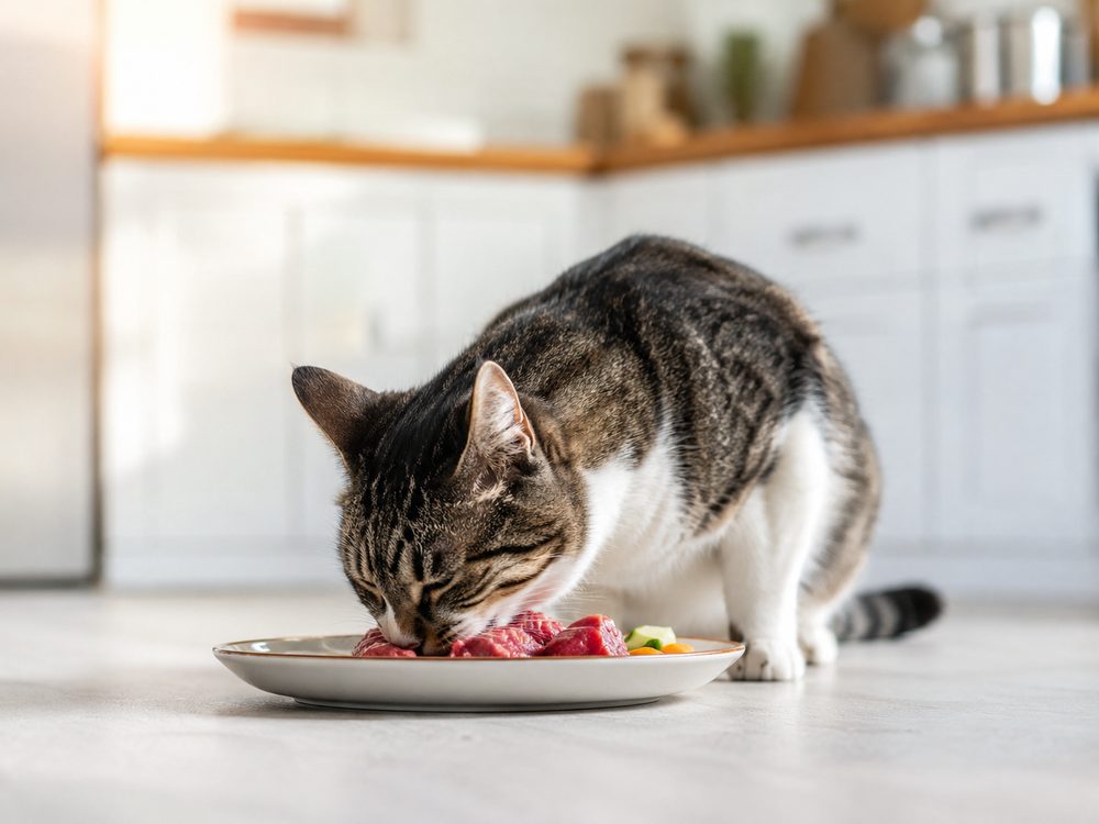 Gato comiendo alimentación natural en un plato