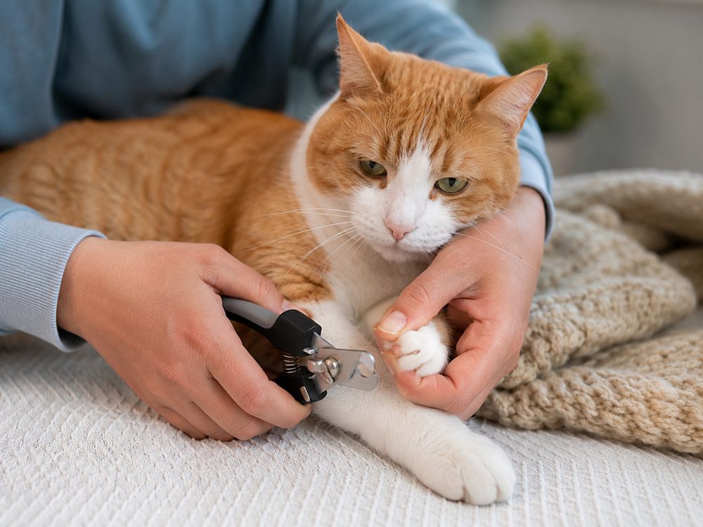 Persona cortando con cuidado las uñas de un gato