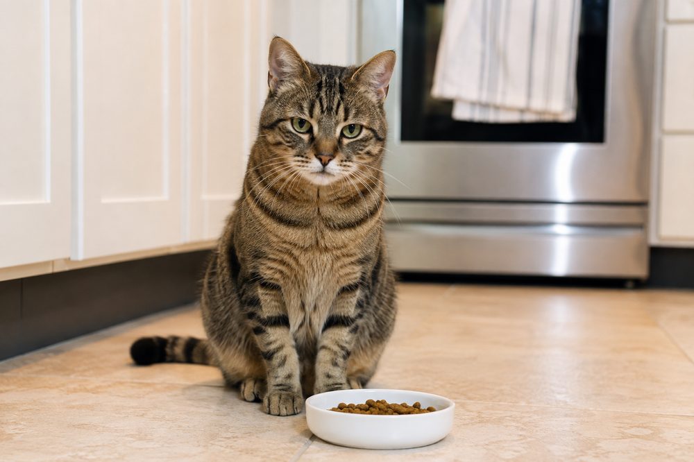 Gato junto a su arenero, revisión de salud digestiva