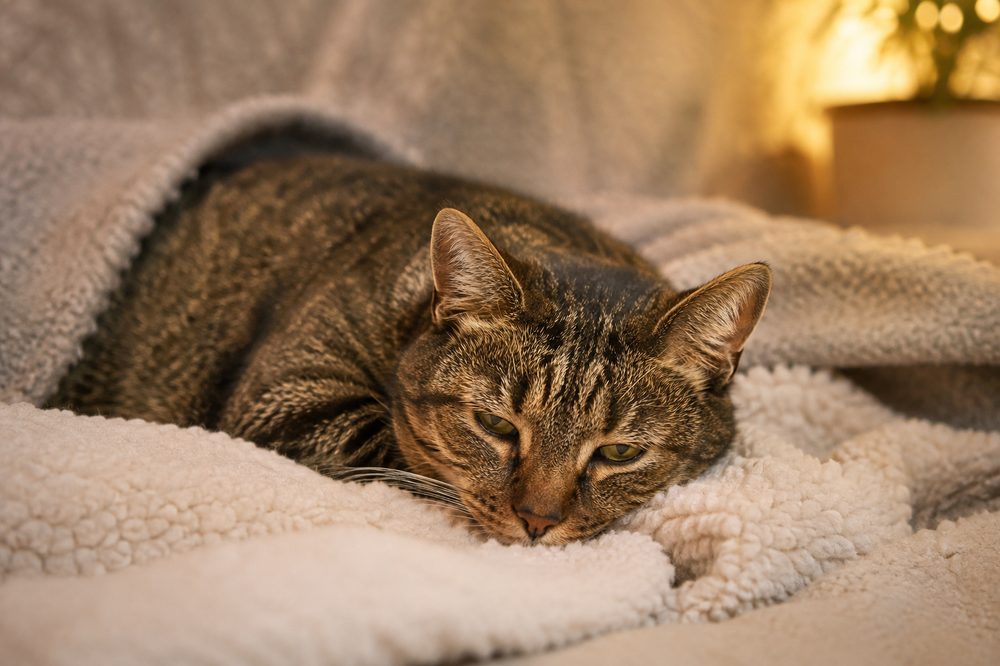 Gato decaído descansando, posible señal de enfermedad
