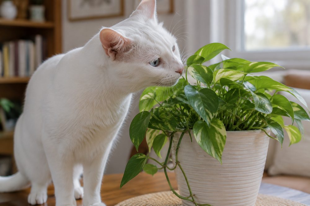 Gato blanco oliendo una planta de interior