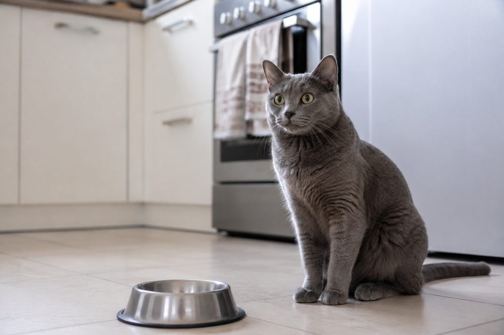 Gato gris sentado junto a su plato de comida