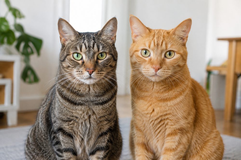 Dos gatos, uno atigrado y otro naranja, sentados juntos