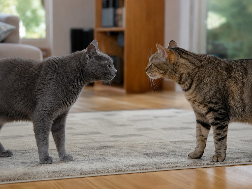 Dos gatos olfateándose con cautela por primera vez