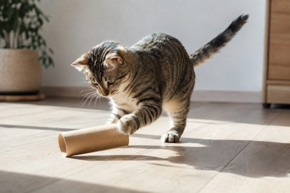 Gato jugando con un juguete casero hecho de cartón